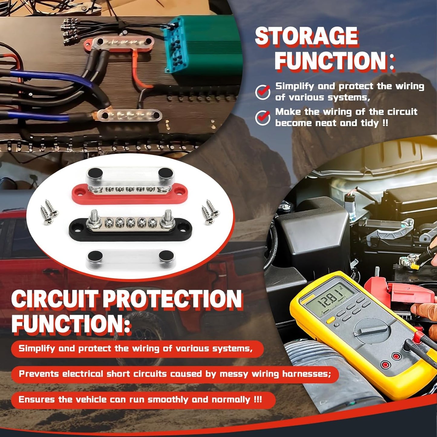 150A 12V Power Distribution Block with 2 x 1/4" (M6) Studs + 5 x M4 (#8) Screws Max 150A 48V DC 300V AC for Automotive Car Marine Truck Boat