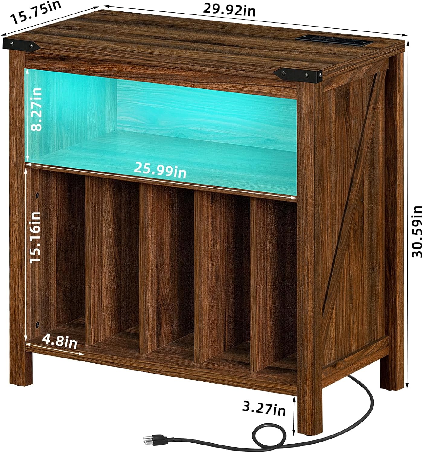 Large Record Player Stand with Charging Station & LED Lights, Vinyl Records Storage Holder Cabinet Holds up to 230 Albums, Turntable Stand for Music Room, Bedroom, Living Room, Office (Brown)