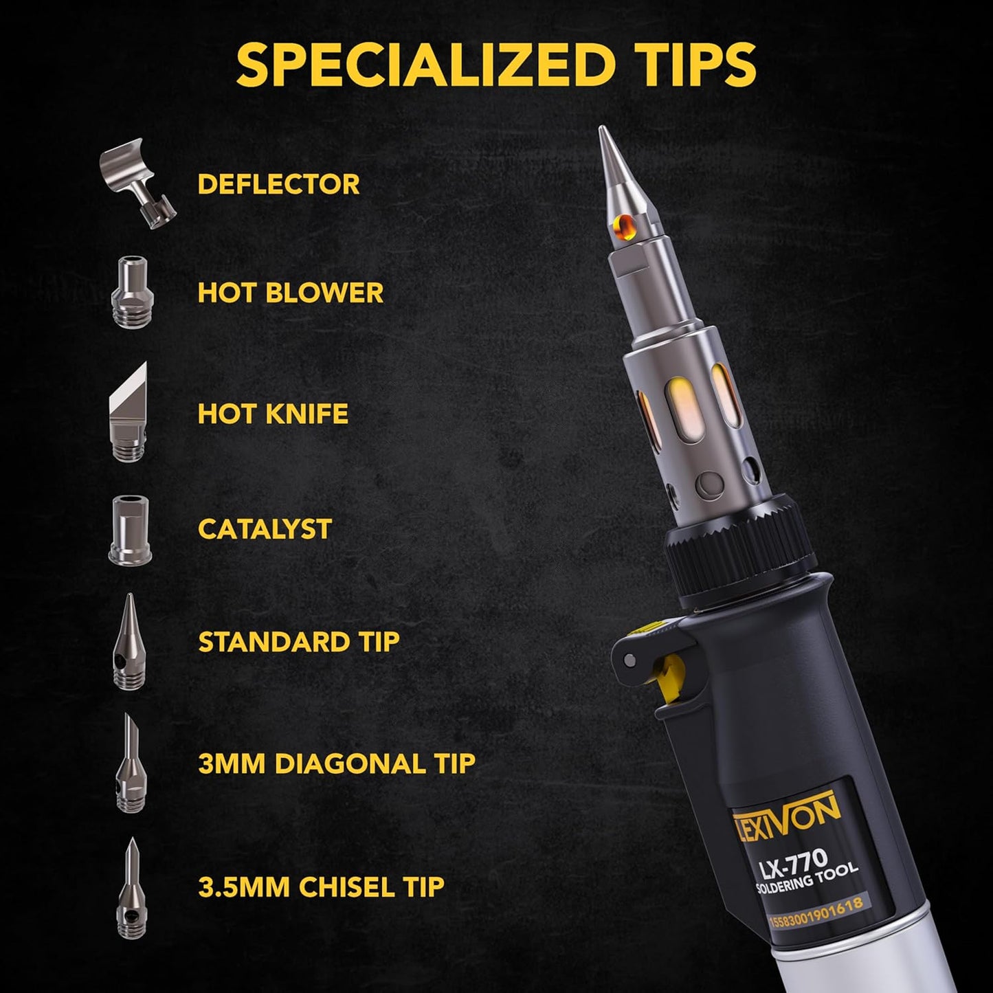 LEXIVON Butane Soldering Iron Multi-Purpose Kit | Cordless Self-Igniting Adjustable Flame 7-Tip Set | Pro Grade 125-Watt Equivalent (LX-770)