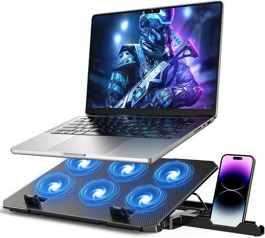 Laptop Cooling Pad, Laptop Cooler 6 Quiet Fans for 12"-17" Laptops, Laptop Cooler Stand with Phone Stand, Gaming Laptop Fan Cooling Pad Slim Portable USB Powered with 5 Angle Adjustable, 2 USB Ports