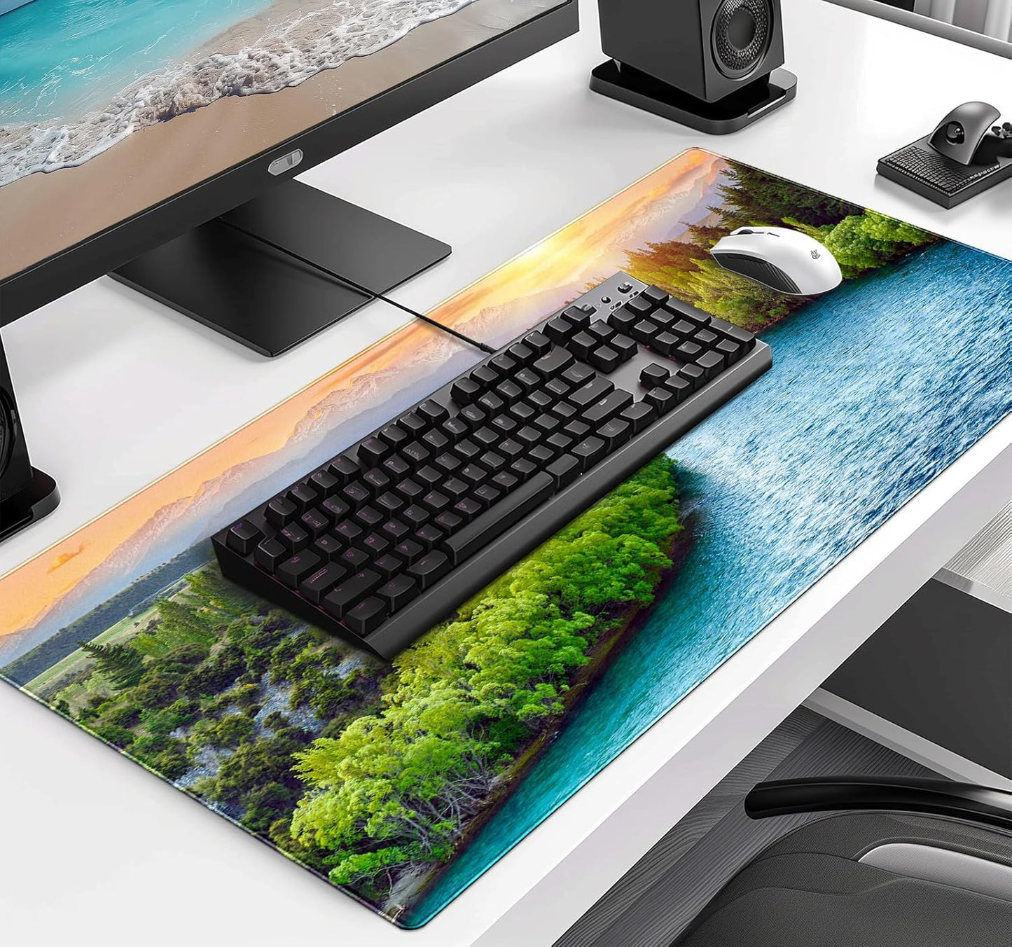 Large Extended Gaming Mouse Pad with Stitched Edges, Non-Slip Waterproof Rubber Base Mouse Pad for Office, Computer, Keyboard, Laptop and Home Desk Pad 35.4 x 15.7 x 0.12 Inch (Sunset Forest)
