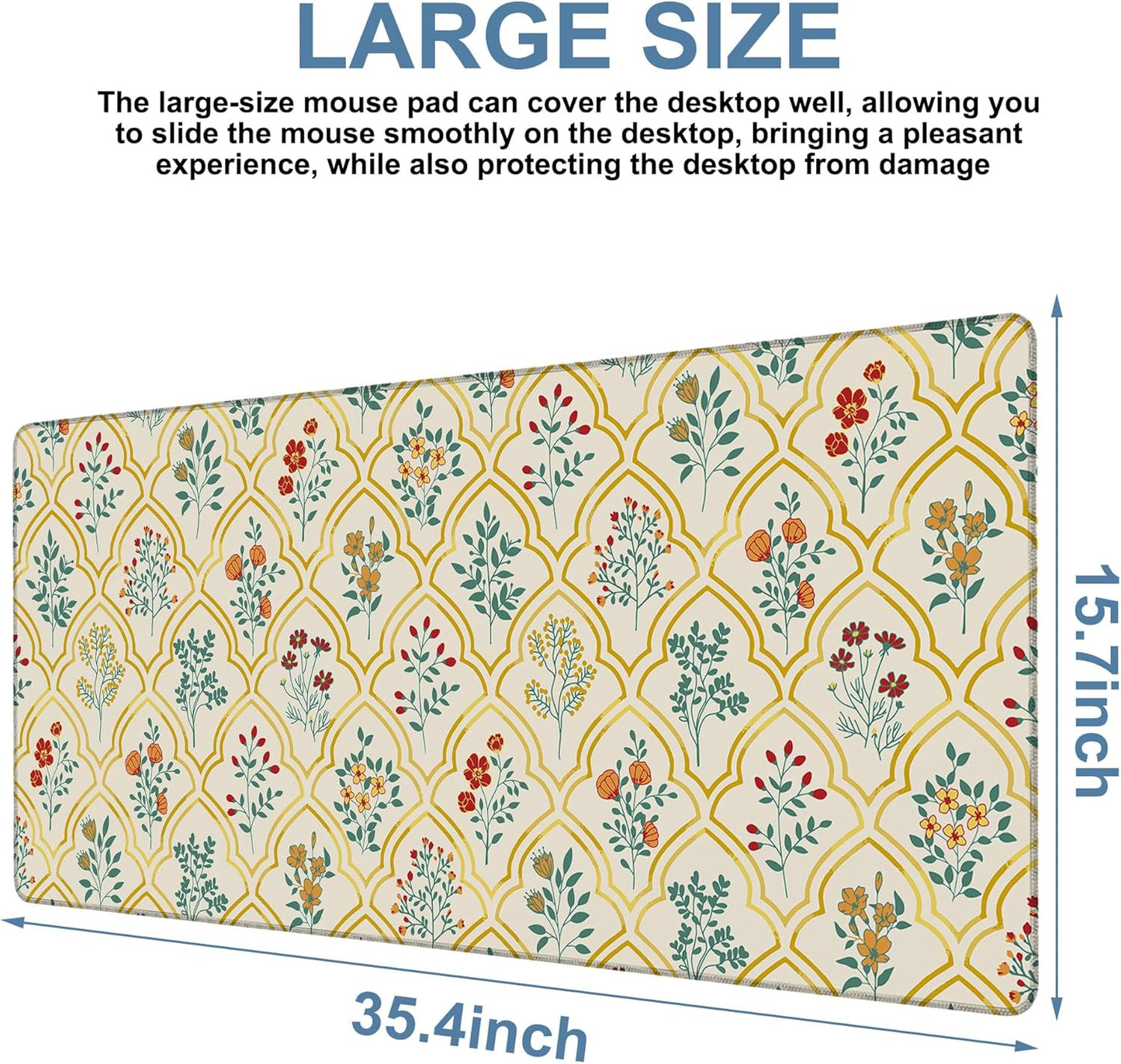 Large Mouse Pad Decorative Floral Gaming Desk Pad Computer Keyboard Non-Slip Waterproof Mouse Mat with Rubber Base and Stitched Edges Entertainment Office Writing Desk Mat 35.4 x 15.7 Inches