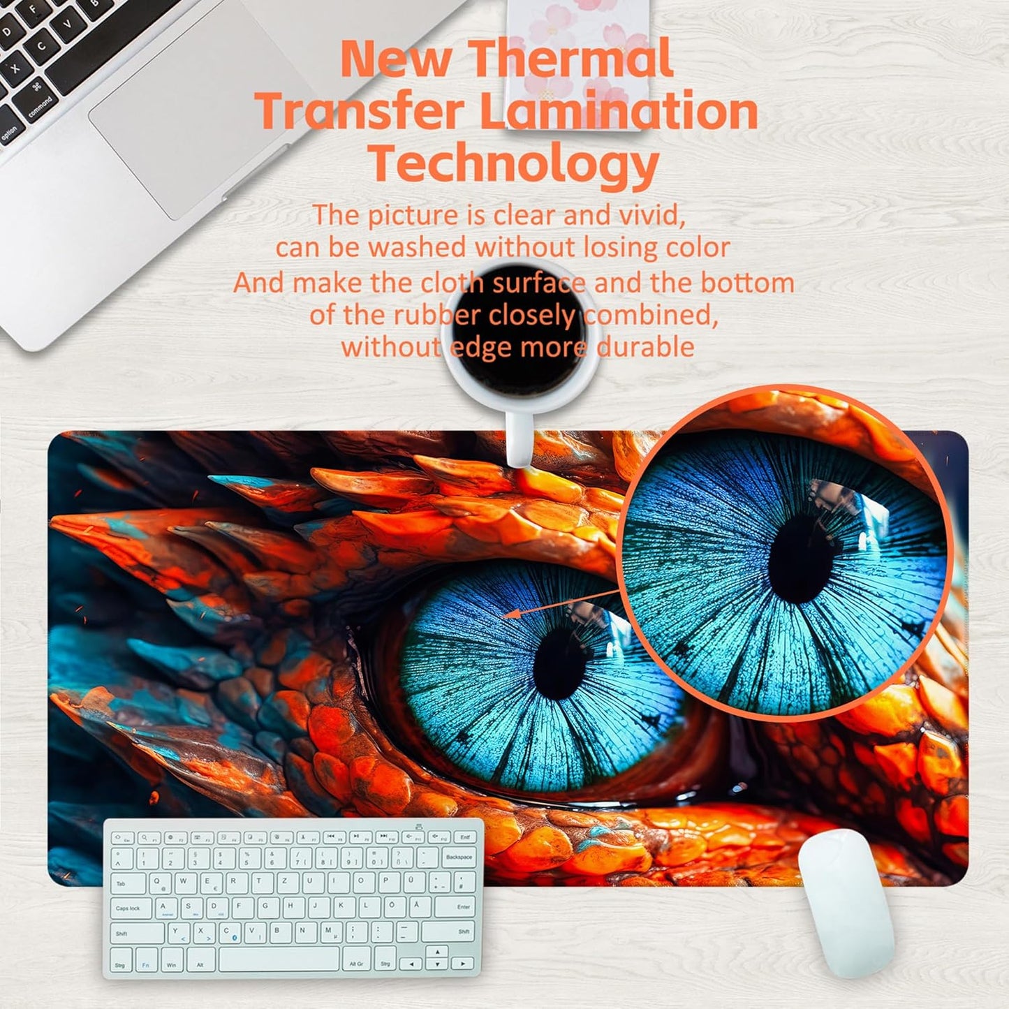 Large Gaming Mouse Pad for Desk, Dragon Blue Eyes Desk Mat, Dragon Eyes Desk Pad, 31.5"x15.7" Extended Big Computer Keyboard Mouse Pad with Non-Slip Base and Stitched Edge