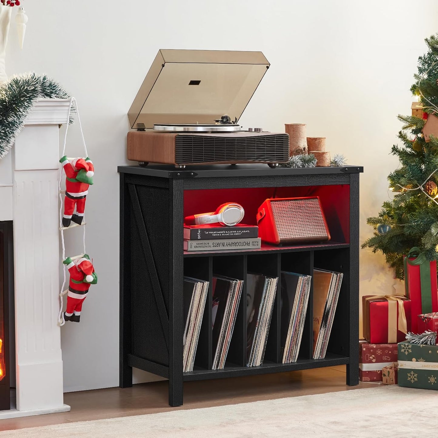 Large Record Player Stand with Charging Station & LED Lights, Vinyl Records Storage Holder Cabinet Holds up to 230 Albums, Turntable Stand for Music Room, Bedroom, Living Room, Office (Black)