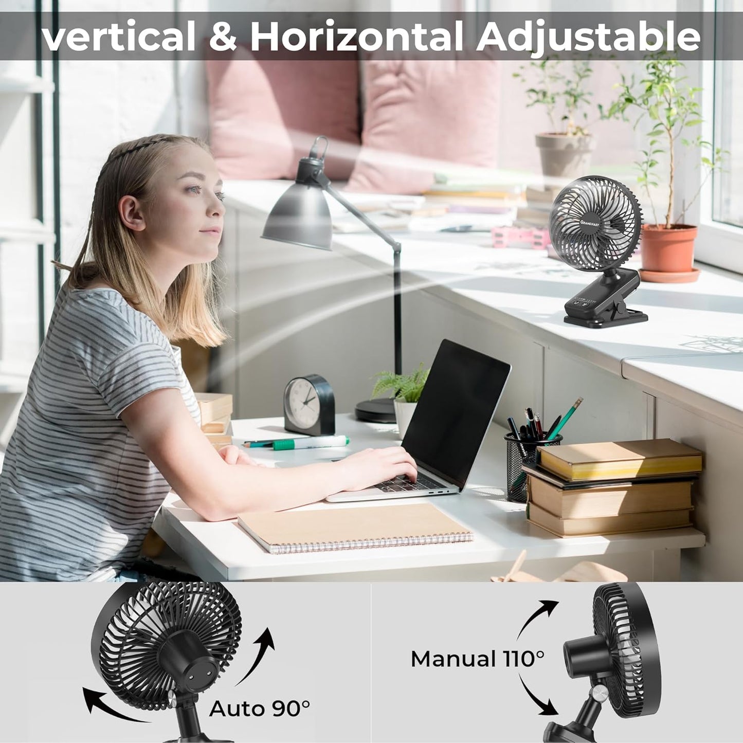 10000mAh Clip On Fan, 42H Run, Quiet & Auto Oscillating Table Fan, Rechargeable with 4 Powerful Speeds, Battery Operated Desk Fan with Sturdy Clamp for Camping Outdoor Travel RV Home Bedroom Office