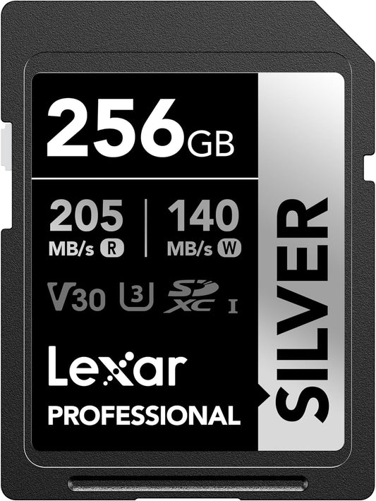 Lexar 256GB Professional Silver SD Card, UHS-I, C10, U3, V30, 4K, Up to 205/140 MB/s SDXC Memory Card, for Professional Photographer, Videographer, Enthusiast (LSDSILV256G-BNNNU)