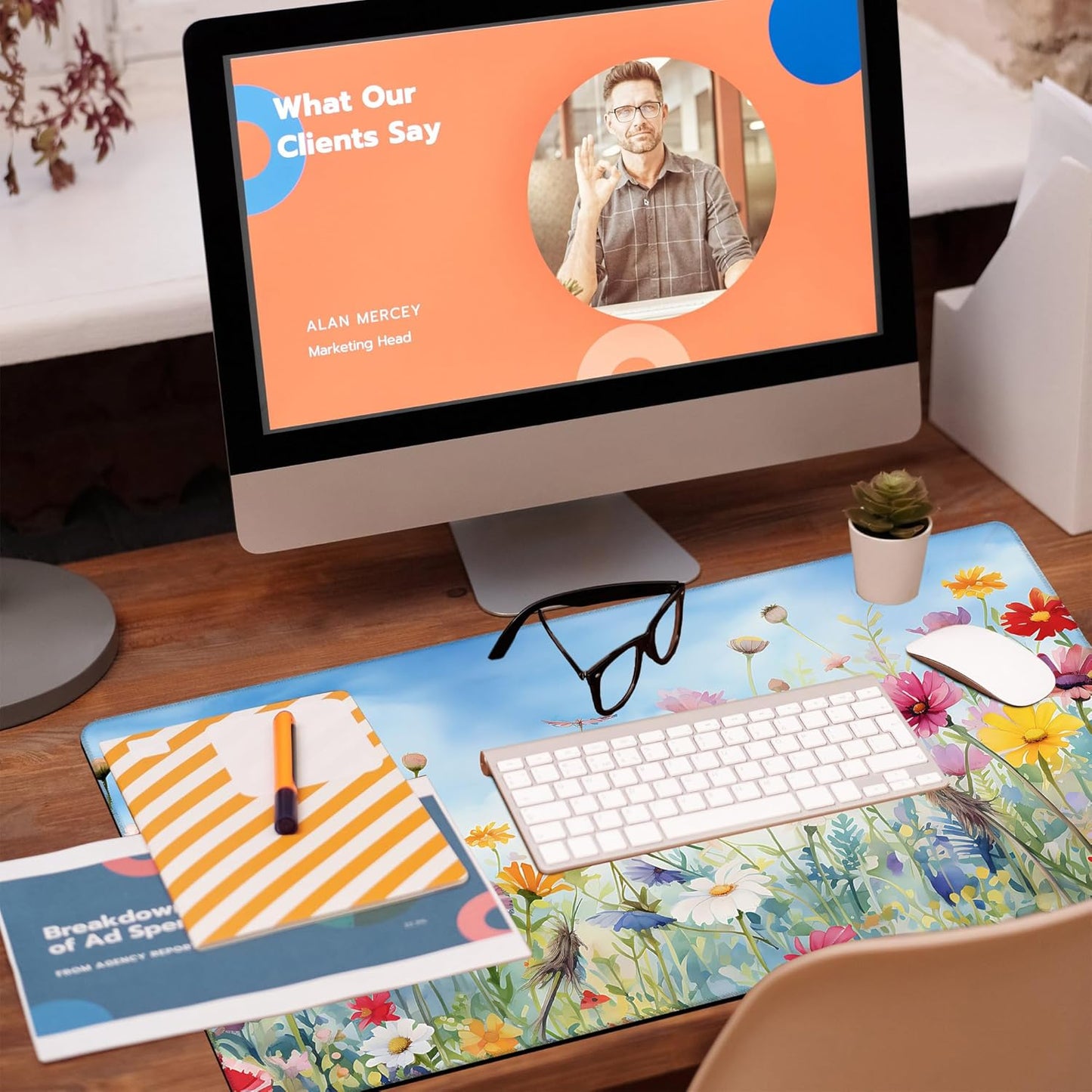 Large Gaming Mouse Pad, Colorful Wildflowers in Field Desk Mat, Watercolor Flowers Desk Pad, 31.5"x15.7" Extended Big Computer Keyboard Mouse Pad with Non-Slip Base and Stitched Edge