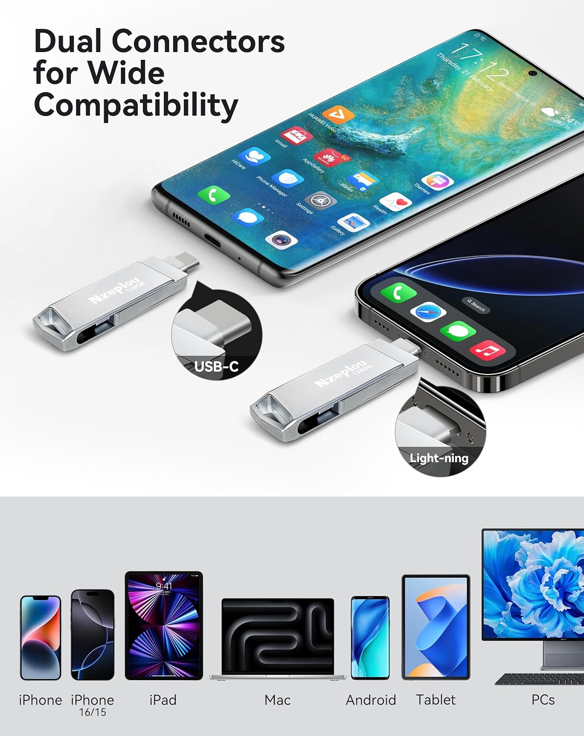 128GB Flash Drive for iPhone iPad, USB3.0 High-Speed Memory Stick No App Needed, Lightening & USB-C External Memory Storage for Photos Videos, Picture Backup Thumb Drive Plug & Play(Silver)