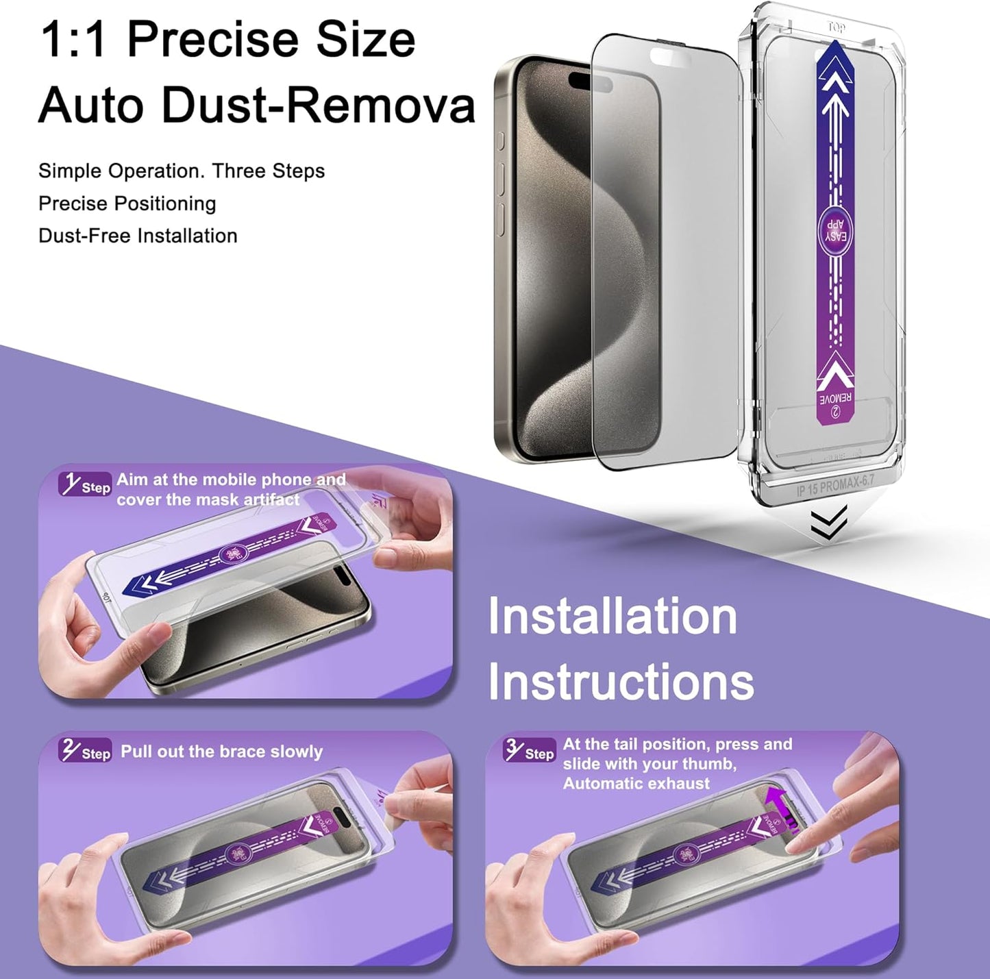 2 Pack Matte Screen Protector for iPhone 15 Pro Max, 9H Tempered Glass, Full Coverage, Anti-Fingerprint, Auto Dust-Elimination, No Bubble, Easy Installation