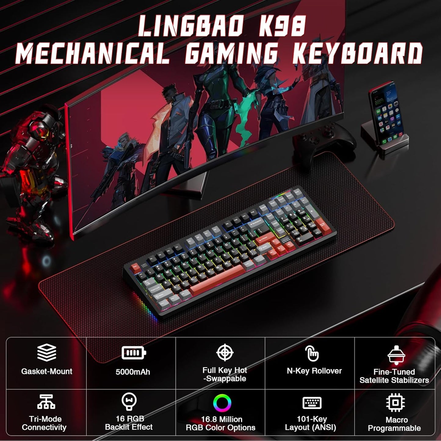 LINGBAO K98 Wireless Mechanical Gaming Keyboard, Tri-Mode BT5.0/2.4GHz/USB-C, Gasket Custom Hot-Swappable Linear Switches Mechanical Keyboards, RGB Backlit Gaming Keyboard for PC Laptop