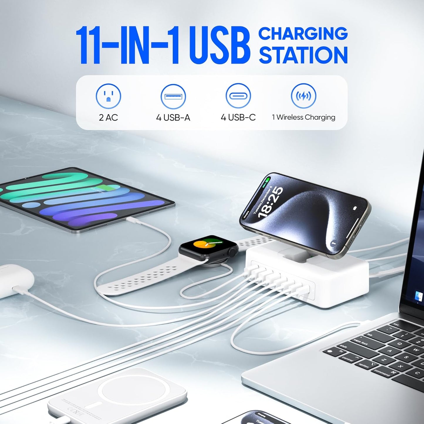 115W USB Charging Station Power Strip, 11-in-1 USB C Charger Block, 2AC Outlets with 8USB Ports(4USB-C), 5FT Flat Plug Extension Cord, Fast Charging Desktop Charger for Home Office Dorm Room, White