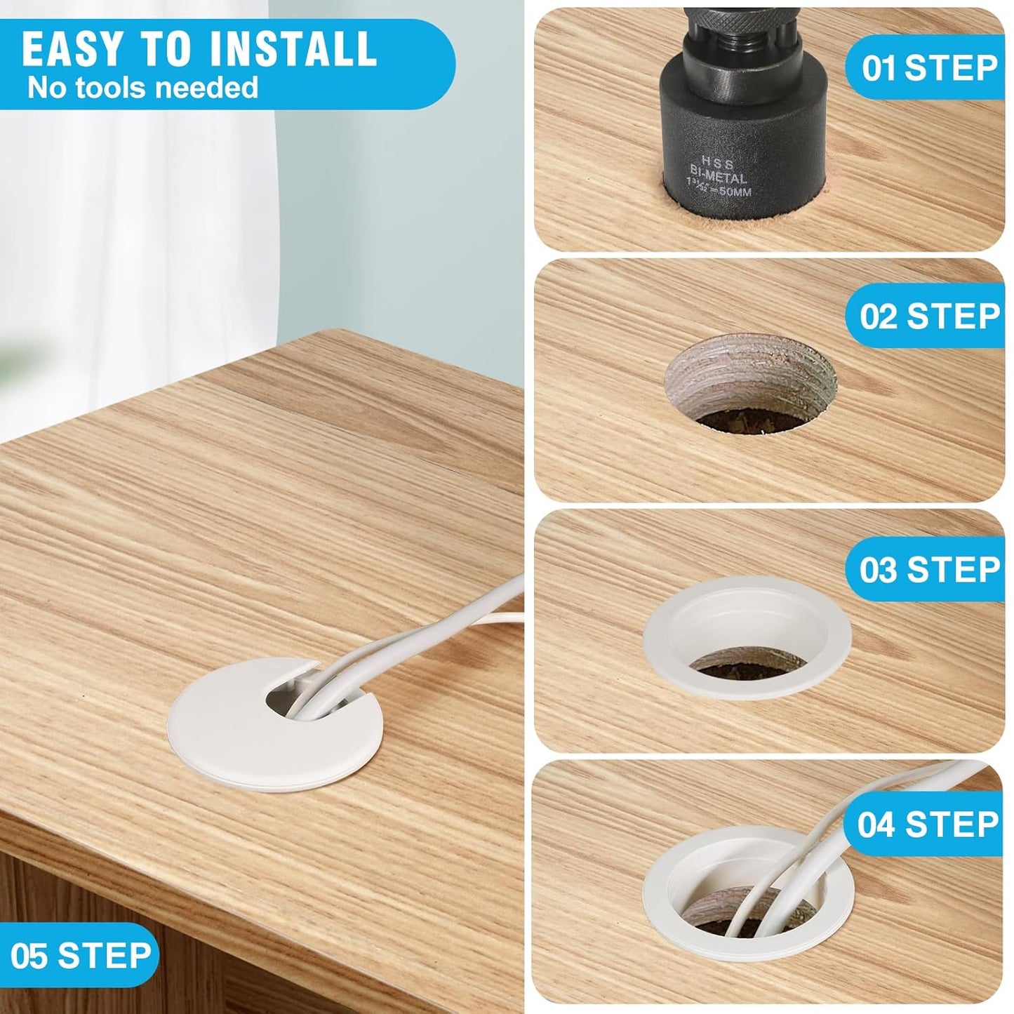 1-3/8" White Desk Grommet with Bi-Metal Hole Saw, JTemgle Plastic Cable Hole Cover Computer Table Cord Wire Organizer Caps, Desktop Cord Management for Home Office TV Stands Tabletops, 13 Pieces