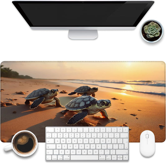 Large Gaming Mouse Pad for Desk, Baby Turtles On Beach Desk Mat, Cute Sea Turtle Desk Pad, 31.5"x15.7" Extended Big Computer Keyboard Mouse Pad with Non-Slip Base and Stitched Edge