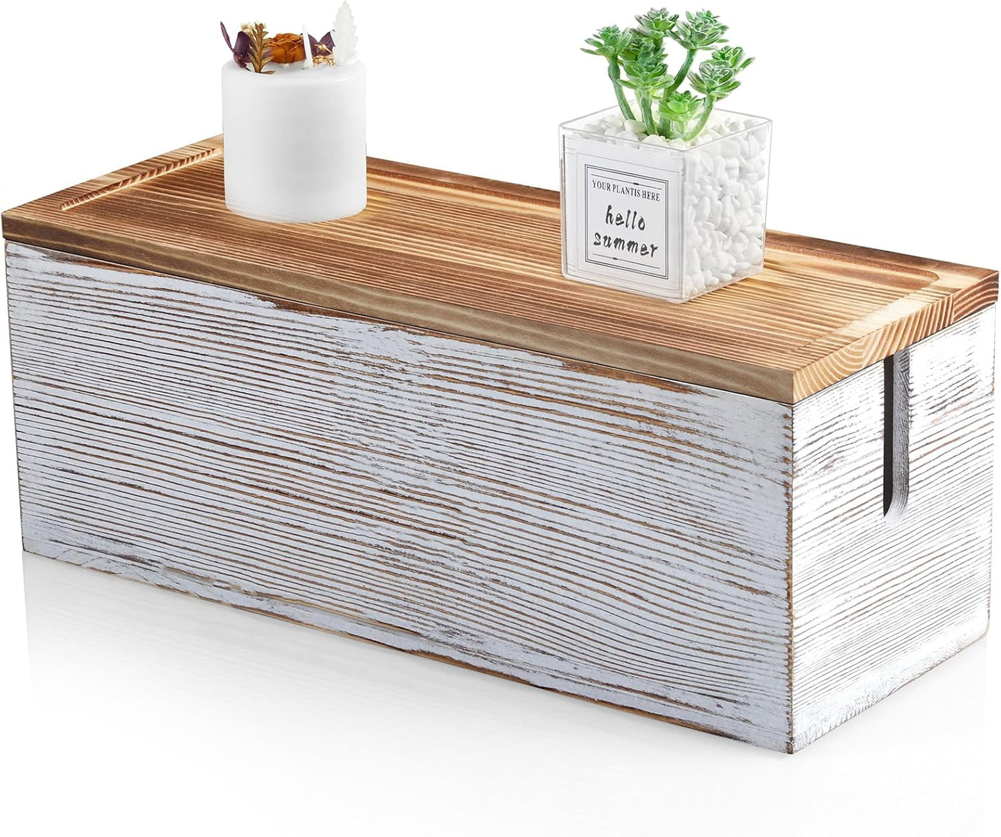 Large Cable Management Box, White Washed Wood Cord Organizer Box for Desk, Floor, Office to Hide Extension Cords Power Stripes Surge Protectors Chargers Wires