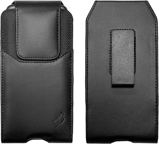Leather Cell Phone Holster for Cricket Debut, Icon, AT&T Radiant Core, Calypso 2, Moto E6, G7 Play, Alcatel Onyx, REVVLRY REVVL2 - Vertical Case Waist Carrying Pouch with Belt Clip/Loops, Black