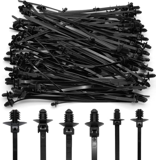 120 Pcs Push Mount Cable Ties Assorted Sizes, Black Nylon Push Mount Zip Ties Wire Harness Clips, 6-Types Snap in Zip Ties Self Locking Automotive Wire Ties for Wire Tying, Automotive