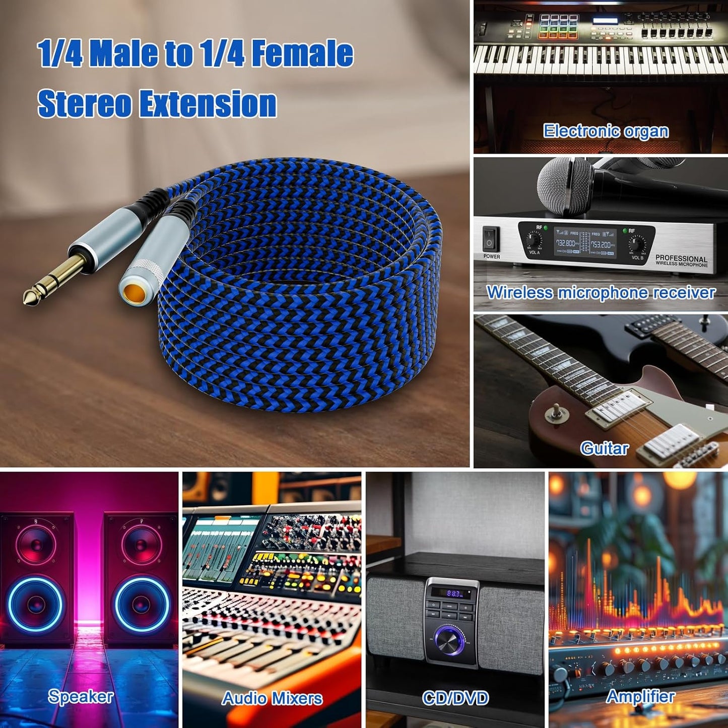 LDKCOK 1/4 inch TRS Extension Cable 3ft, 1/4" Male to Female Stereo Headphone Guitar Cable