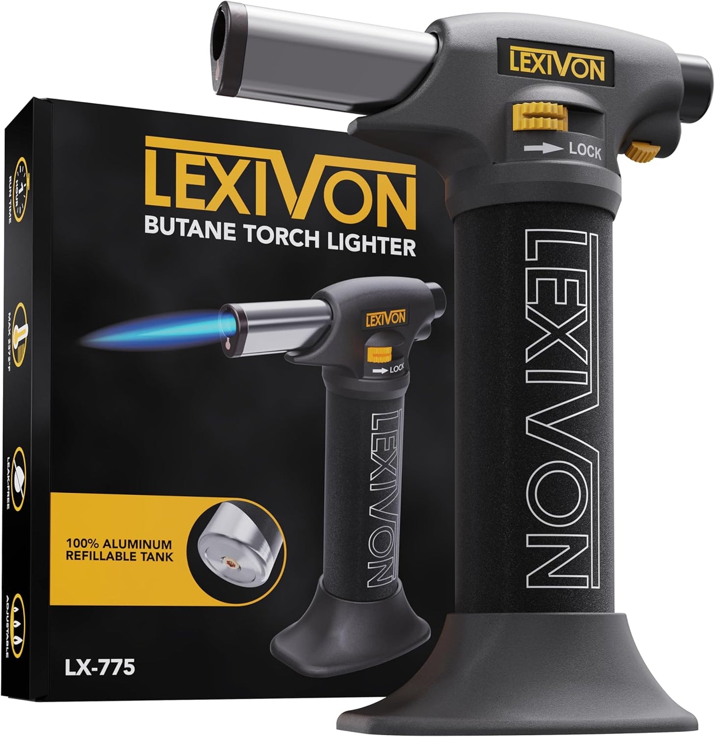 LEXIVON Butane Torch Lighter, Refillable Kitchen Cooking Torch | Self-Igniting with Safety Lock and Adjustable Flame | Pro-Grade Aluminum Tank (LX-775)