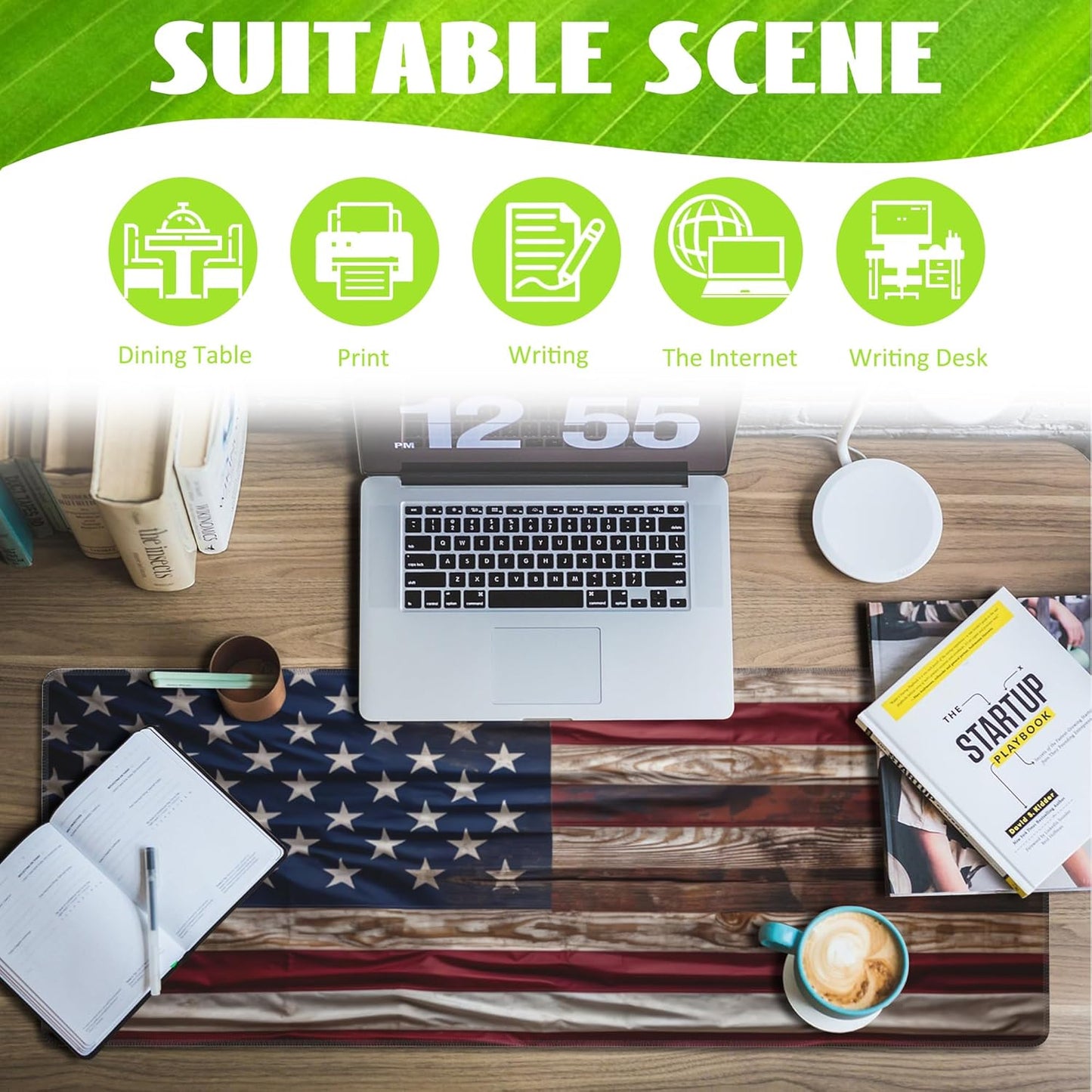 Large Gaming Mouse Pad for Desk,Wooden American Flag Desk Mat,Wooden USA Flag Desk Pad,Extended Big Computer Keyboard Mouse Pad with Non-Slip Base and Stitched Edge,31.5"x11.8"