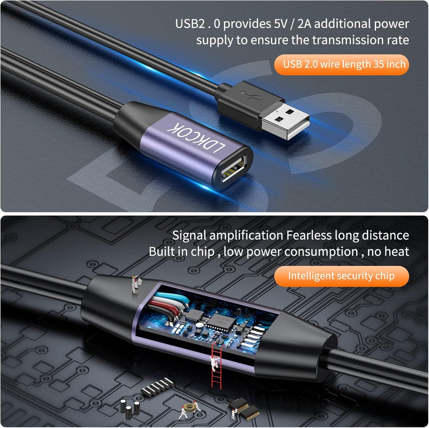 LDKCOK USB 2.0 Type A Male to A Female Active Repeater Extension Cable 100ft, High Speed 480 Mbps