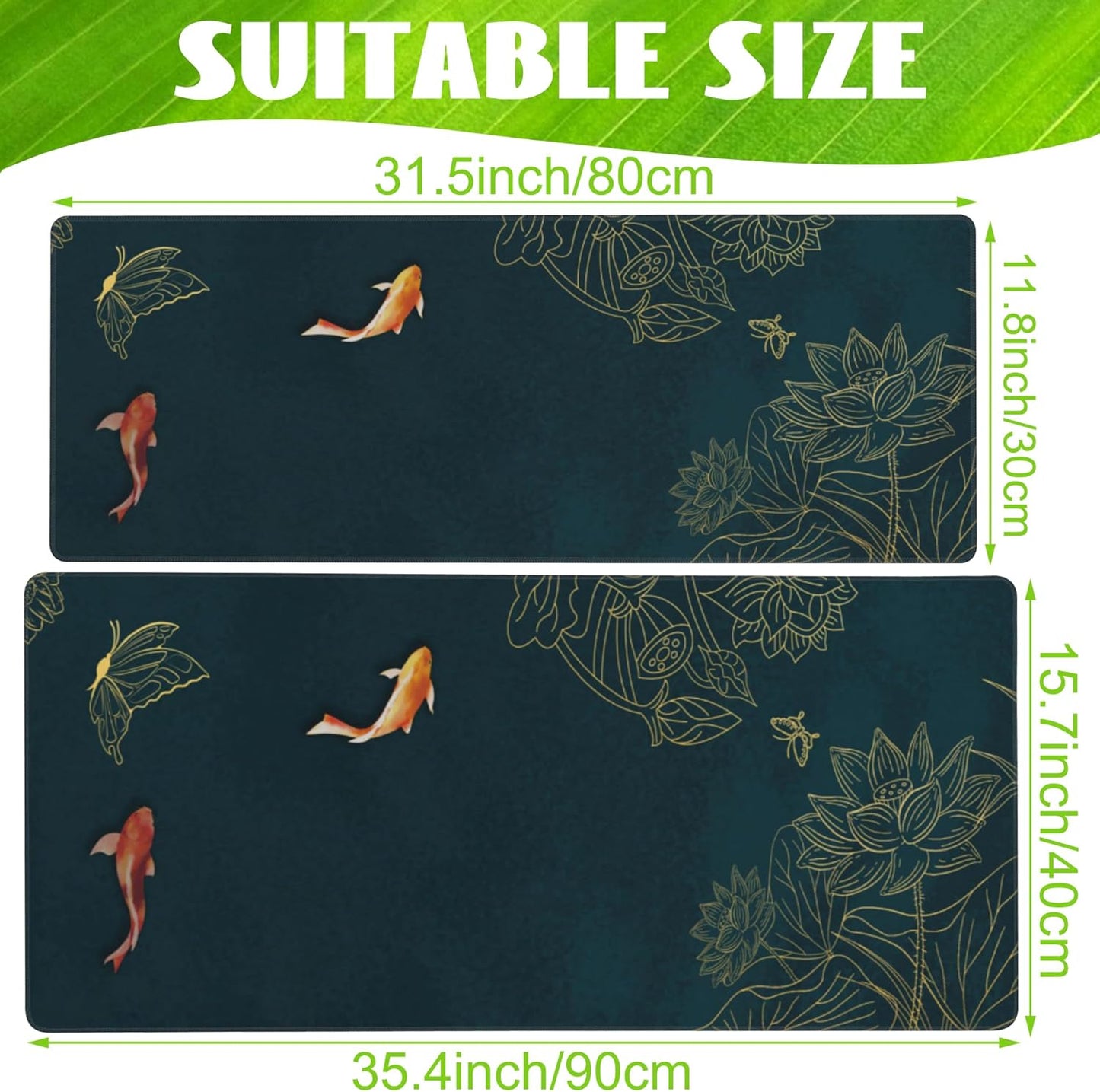 Large Gaming Mouse Pad, Koi Fish Ink Painting Desk Mat, Golden Line Lotus Desk Pad, Extended Big Computer Keyboard Mouse Pad with Non-Slip Base and Stitched Edge, 31.5"x11.8"