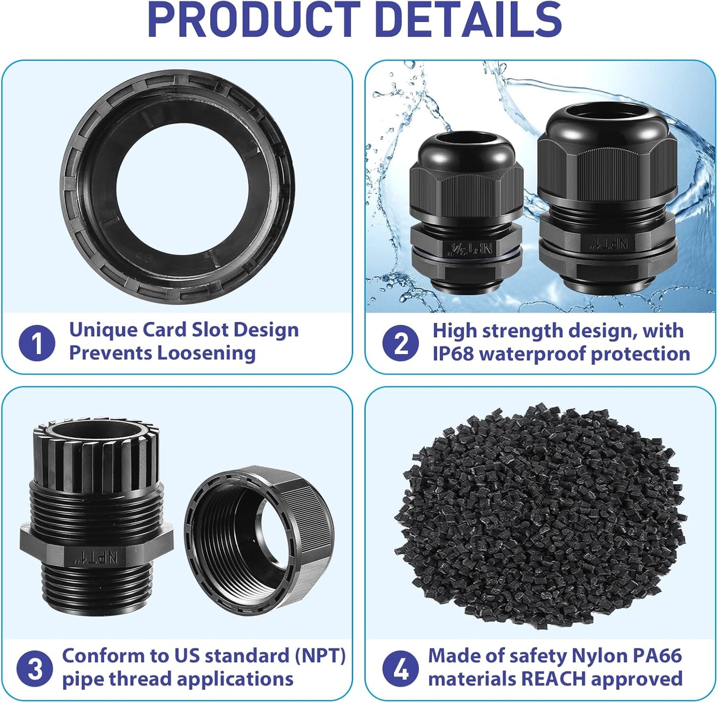 10 PCS 3/8"(5-10mm) NPT Nylon Cable Gland Joints with Gaskets, IP68 Adjustable Lock Nut Strain Relief Cord Grip Waterproof Cable Glands - UL Listed and RoHS Compliant