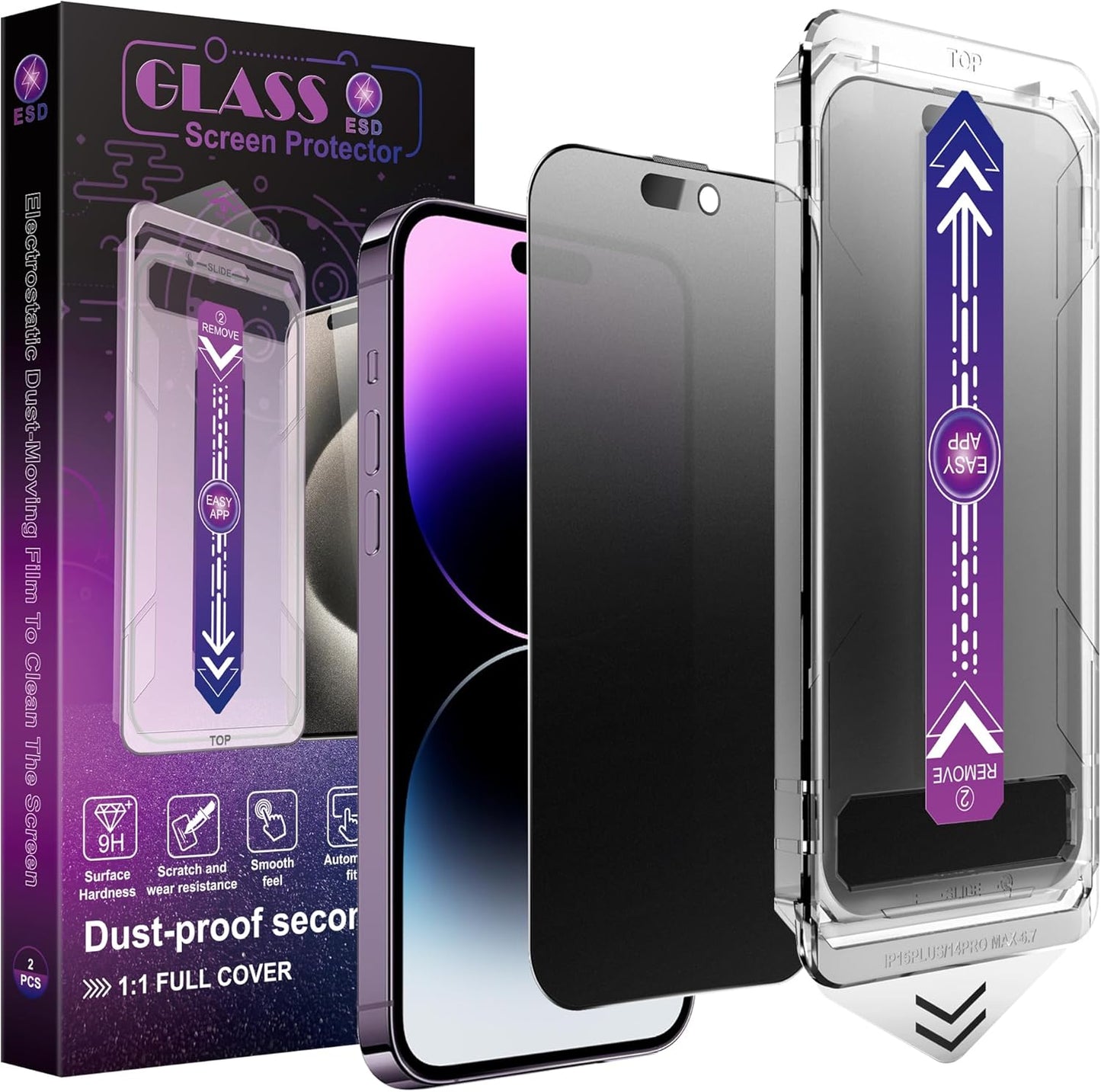 2 Pack Matte Privacy Screen Protector for iPhone 14 Pro Max/iPhone 15 Plus/iPhone 16 Plus, 9H Tempered Glass, Full Coverage, Anti-Fingerprint, Auto Dust-Elimination, No Bubble, Easy Installation