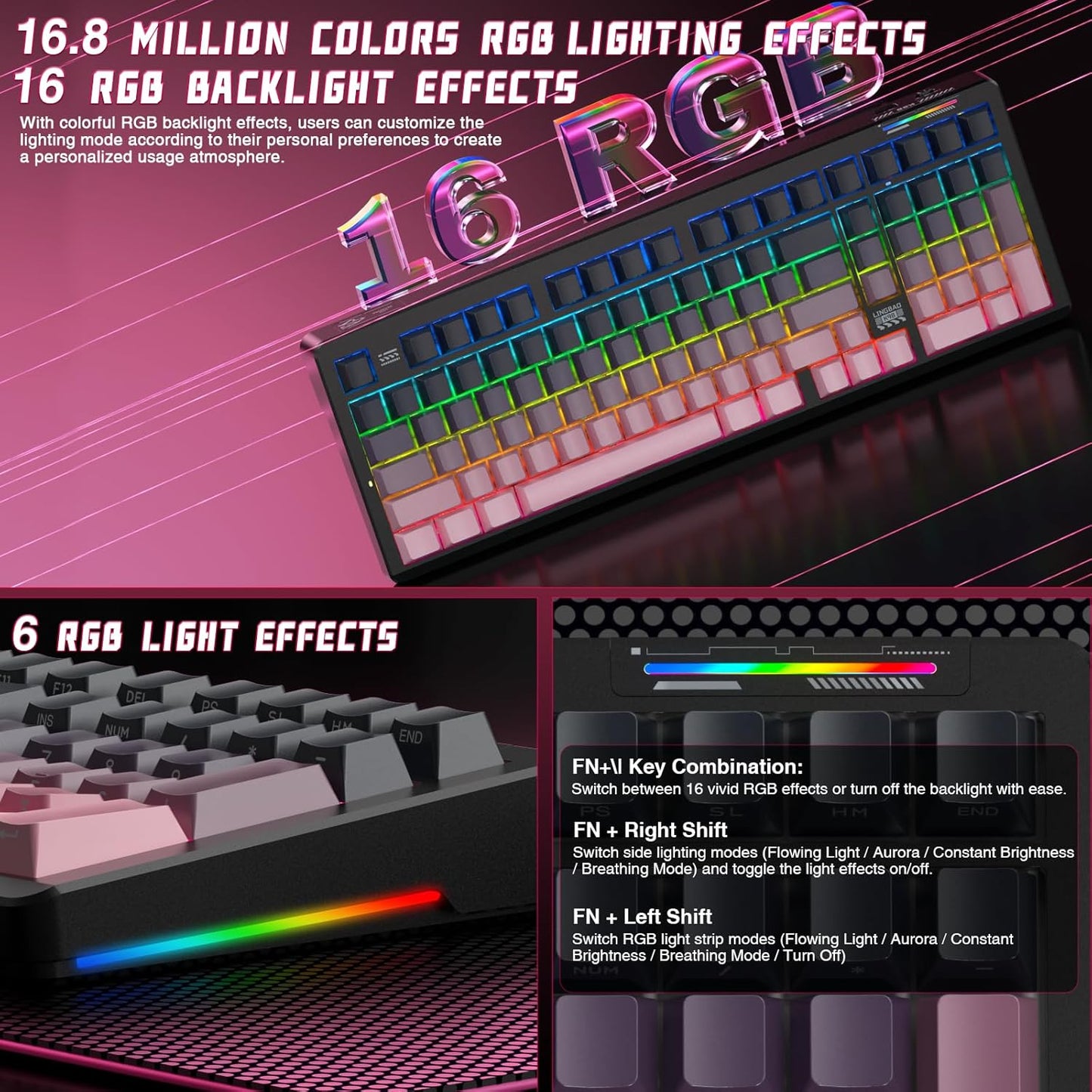 LINGBAO K98 Wireless Mechanical Gaming Keyboard, Tri-Mode BT5.0/2.4GHz/USB-C, Creamy Keyboard with Number Pad, Hot Swappable Gasket Custom Linear Switches RGB Backlit Keyboards for Win/Mac/PC/Laptop