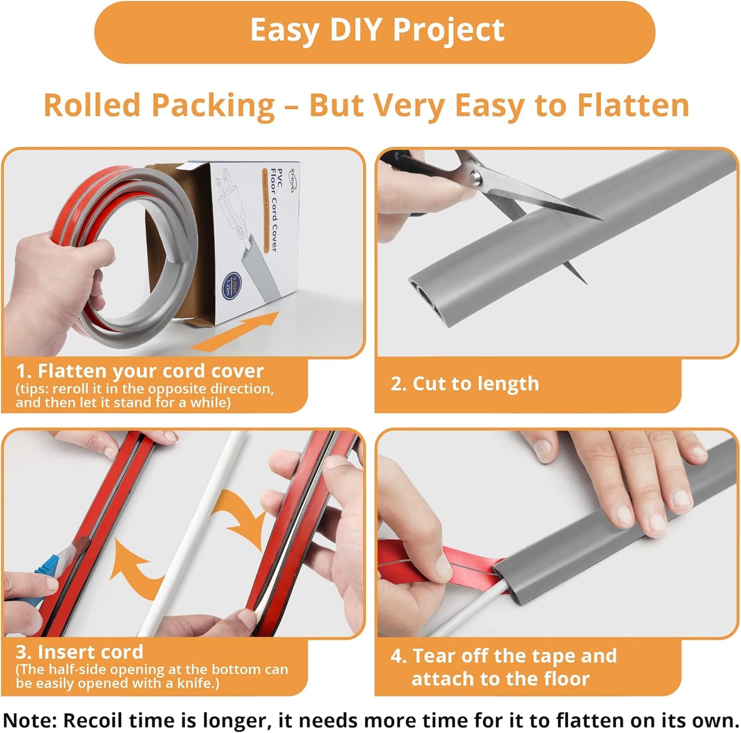 12ft Cord Cover Floor for Extension Cords, Self-Adhesive Floor Cable Cover to Protect Cables & Prevent Tripping, PVC Cord Hider Protector, Internal Wire Management Channel Diameter: 0.39", Grey