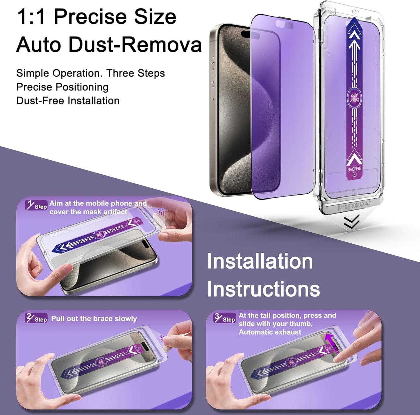 2 Pack Anti Blue Light Matte Screen Protector for iPhone 15 Pro Max, 9H Tempered Glass, Full Coverage, Anti-Fingerprint, Auto Dust-Elimination, No Bubble, Easy Installation