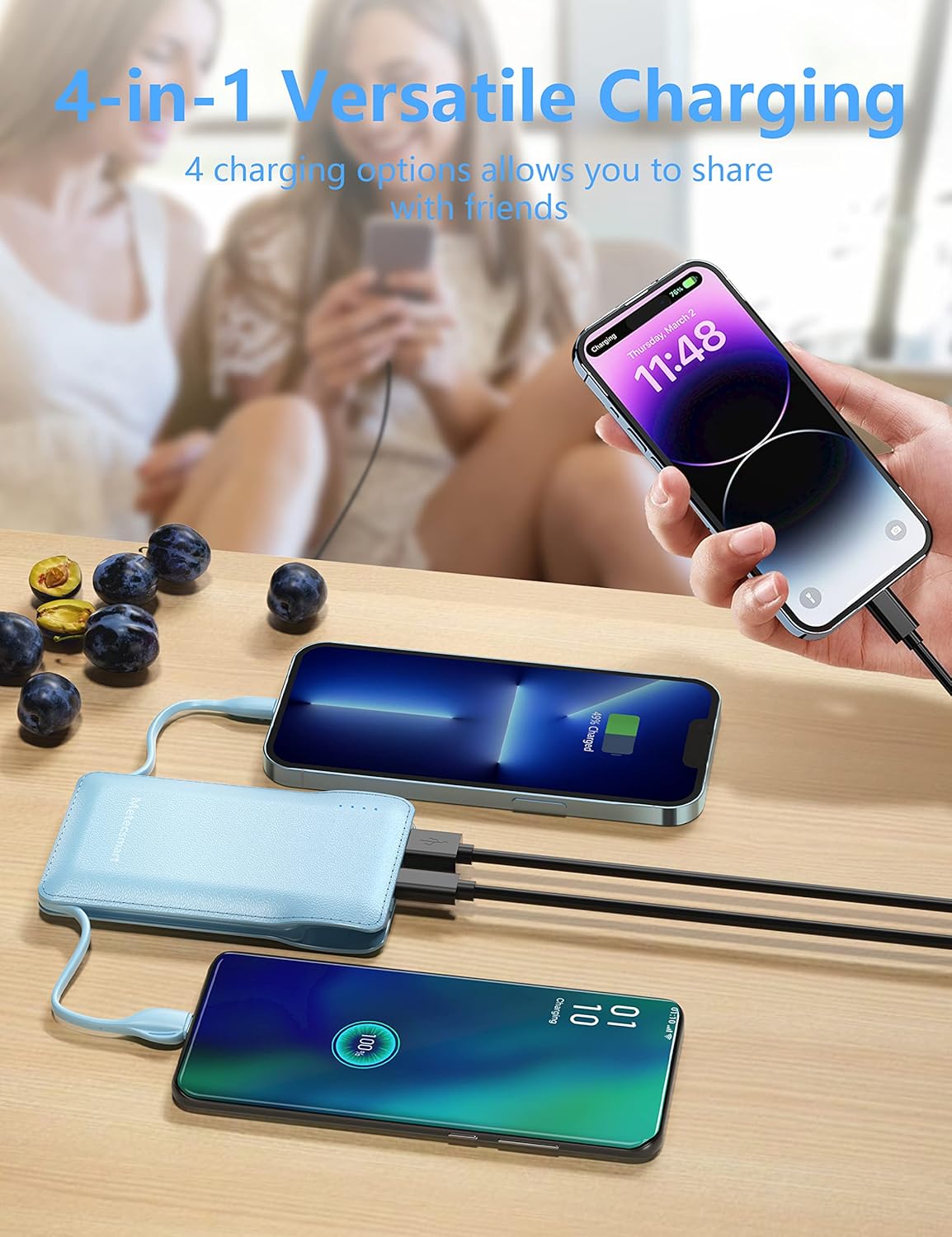 10000mAh Portable Phone Charger with Built-in 2 Cables, Small Slim Mini Power Bank Fast Charging, USB-C In/Output External Battery Pack, Travel Essentials Compatible with Android/IOS Phones