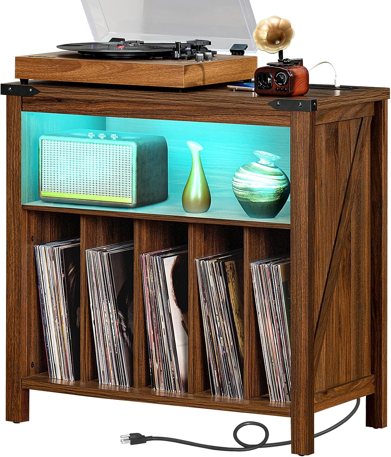 Large Record Player Stand with Charging Station & LED Lights, Vinyl Records Storage Holder Cabinet Holds up to 230 Albums, Turntable Stand for Music Room, Bedroom, Living Room, Office (Brown)