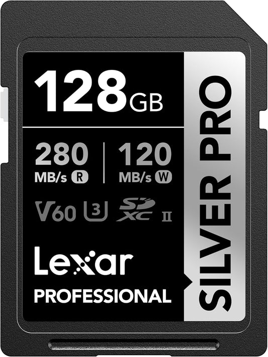 Lexar 128GB Professional SILVER PRO SD Card, UHS-II, C10, U3, V60, Full HD, 4K, Up To 280MB/s Read SDXC Memory Card, for Professional Photographer, Videographer, Enthusiast (LSDSIPR128G-BNNNU)