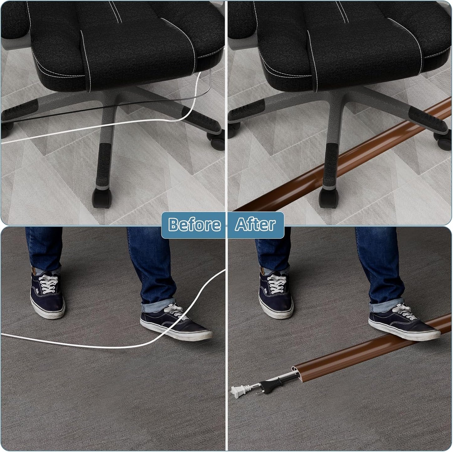 10ft Side Buckle Floor Cord Cover for Wires, Selfadhesive Extension Cord Hider Easy Floor Cable Management Prevent Cable Trips,Silicone Floor Wire Covers for Cords, Cable Protector Cord Cavity（Brown）