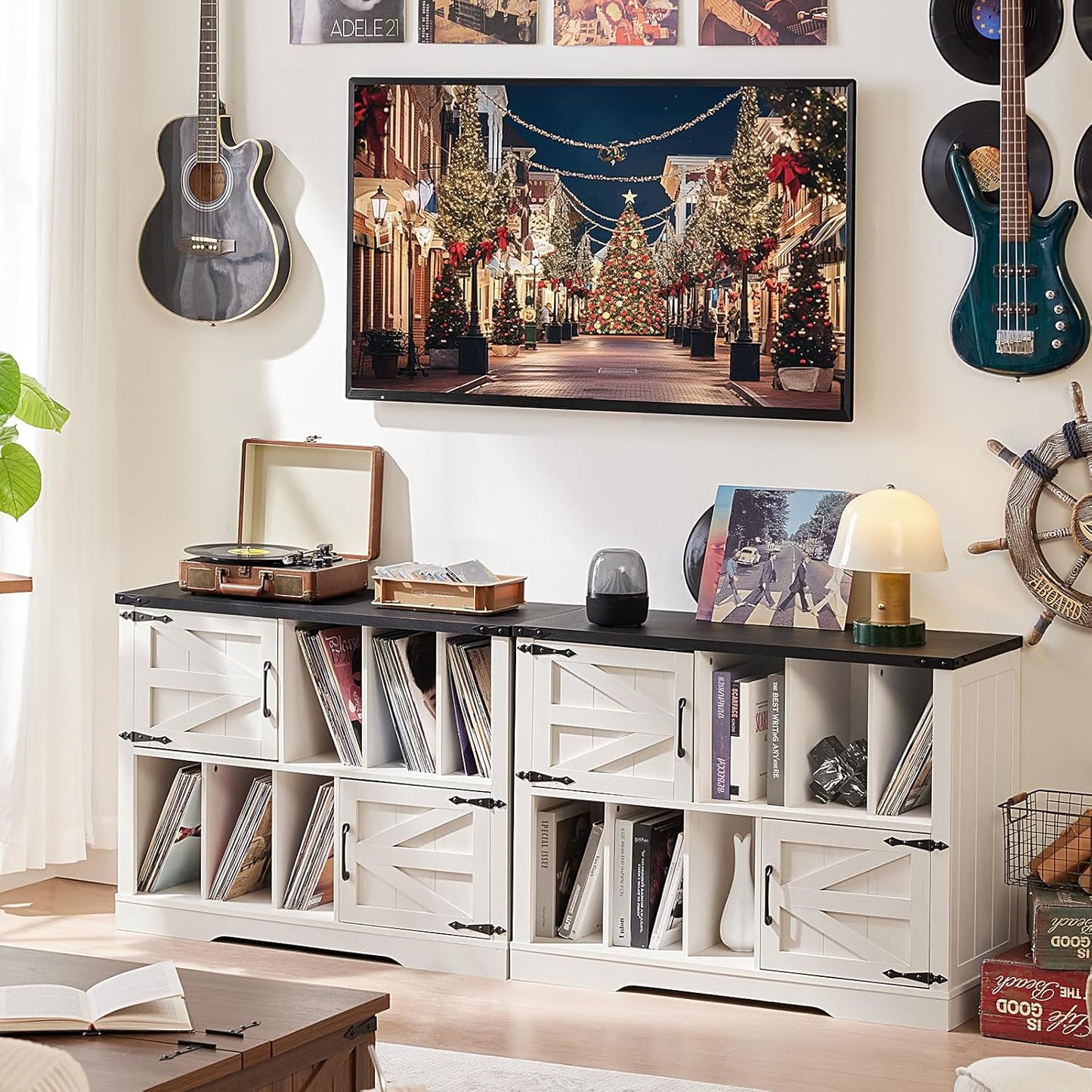 Large Record Player Stand with Vinyl Storage Up to 450 Albums, 39 Inch Farmhouse Rustic Wood White Storage Cabinet with Barn Doors, Vintage Mid-Century Turntable Stand for Bedroom, Living Room