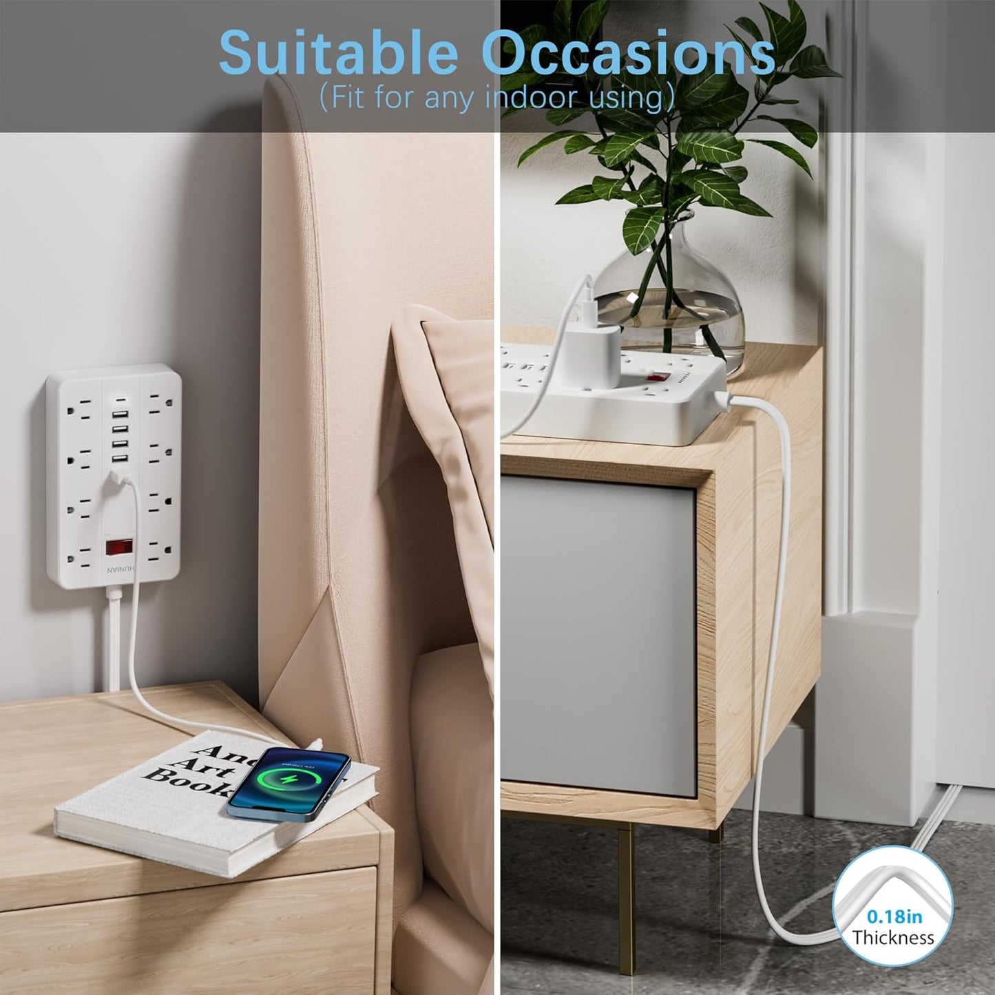 10 Ft Long Extension Cord,Power Strip Surge Protector HUNIAN Flat Plug with 8 Widely Spaced Outlets 6 USB(1 USB C Port), Wall Mount Charging Station for Home and Office,White