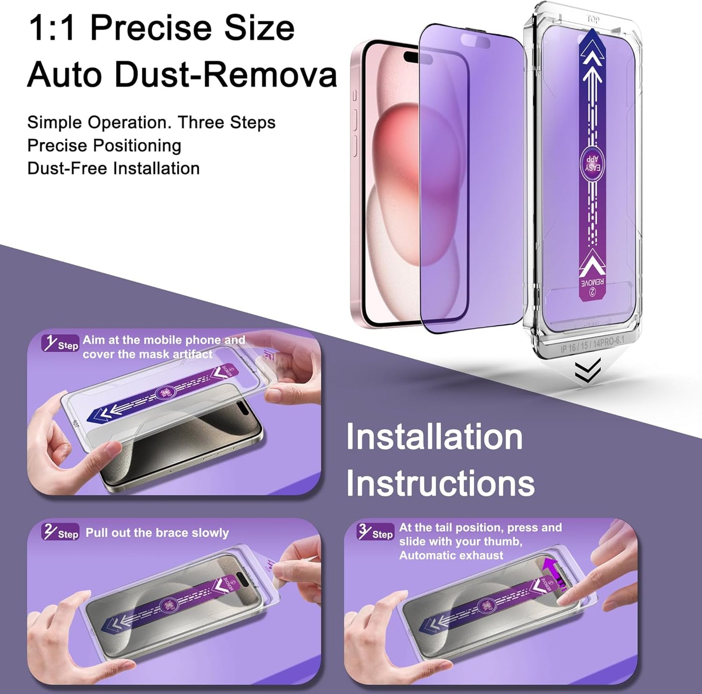 2 Pack Anti Blue Light Matte Screen Protector for iPhone 14 Pro/iPhone 15 / iPhone 16, 9H Tempered Glass, Full Coverage, Anti-Fingerprint, Auto Dust-Elimination, No Bubble, Easy Installation