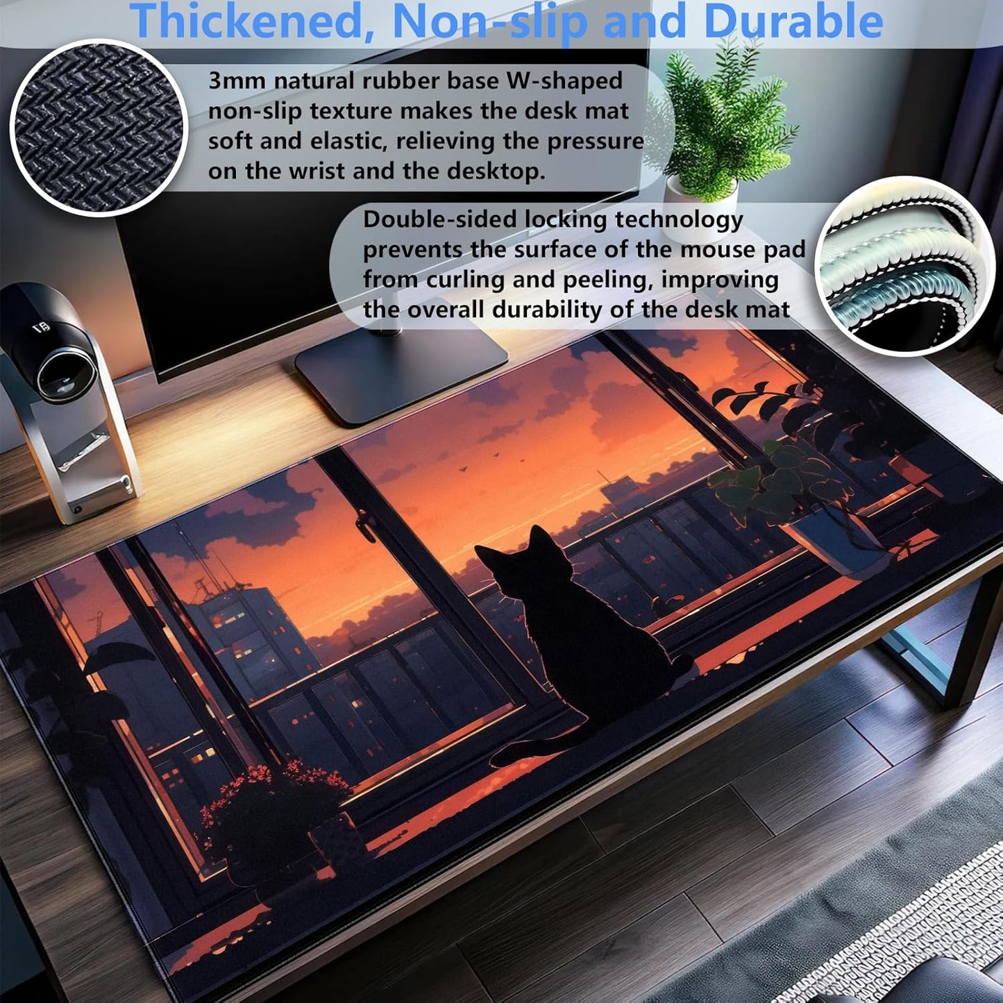 Lofi Aesthetic Desk Mat Cat Mouse pad Cute Orange Anime Mouse Pad Extra XL Large Gaming Mousepad for Desk 31.5''X15.7'' Laptop Computer Keyboard and Mouse Mat for Desk Decoration