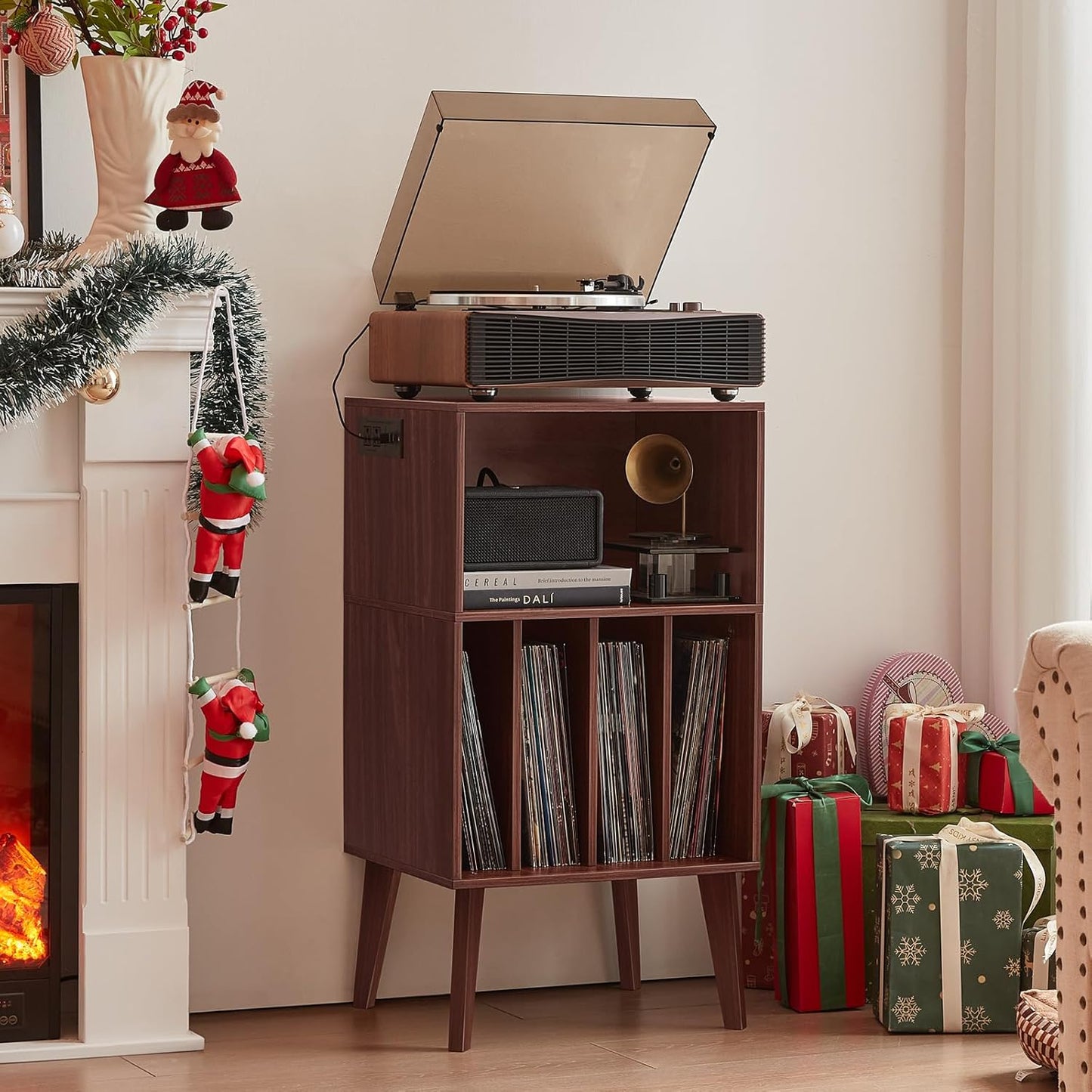 Lerliuo Record Player Stand, Walnut Turntable Stand Holds up to 160 Albums, Mid-Century Vinyl Storage Cabinet Table with Solid Wood Legs, Record Player Holder Dispaly Shelf for Bedroom Living Room