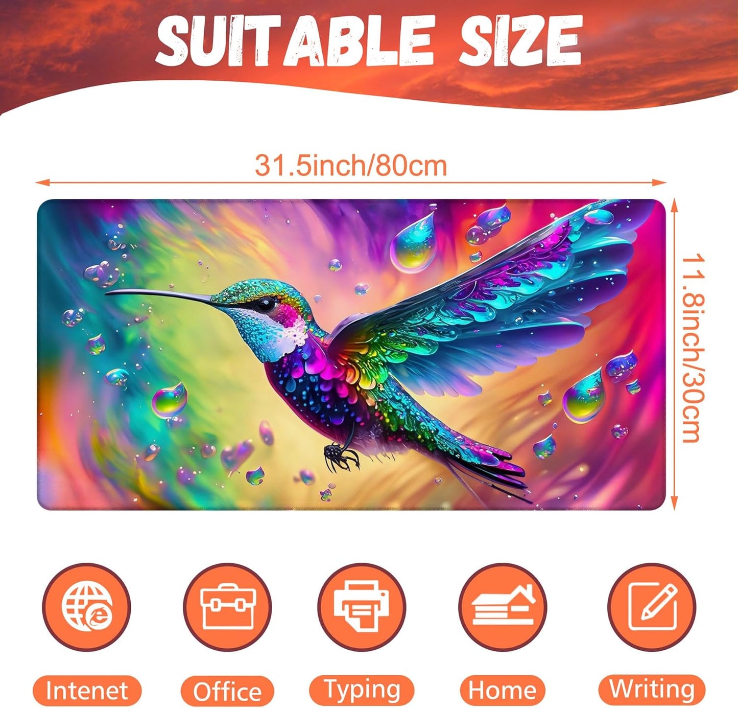 Large Gaming Mouse Pad for Desk, Colorful Hummingbird Desk Mat, Bright Hummingbird Desk Pad, 31.5"x15.7" Extended Big Computer Keyboard Mouse Pad with Non-Slip Base and Stitched Edge
