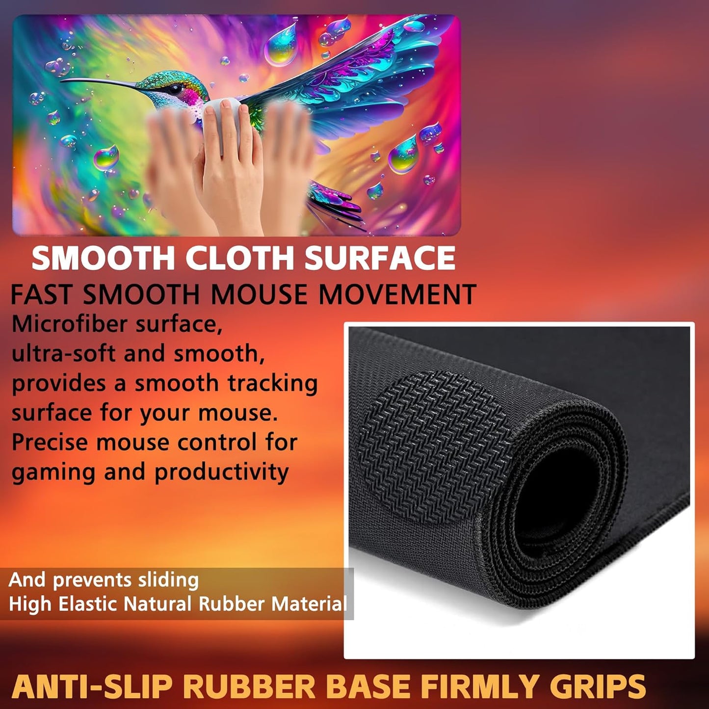 Large Gaming Mouse Pad for Desk, Colorful Hummingbird Desk Mat, Bright Hummingbird Desk Pad, 31.5"x15.7" Extended Big Computer Keyboard Mouse Pad with Non-Slip Base and Stitched Edge