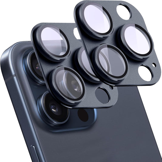 2 Pack Camera Lens Protector for iPhone 15 Pro/iPhone 15 Pro Max,[Not Easy to Breakn ] AR Tempered Glass Strong Adsorption Metal Camera Cover Screen-Inky blue