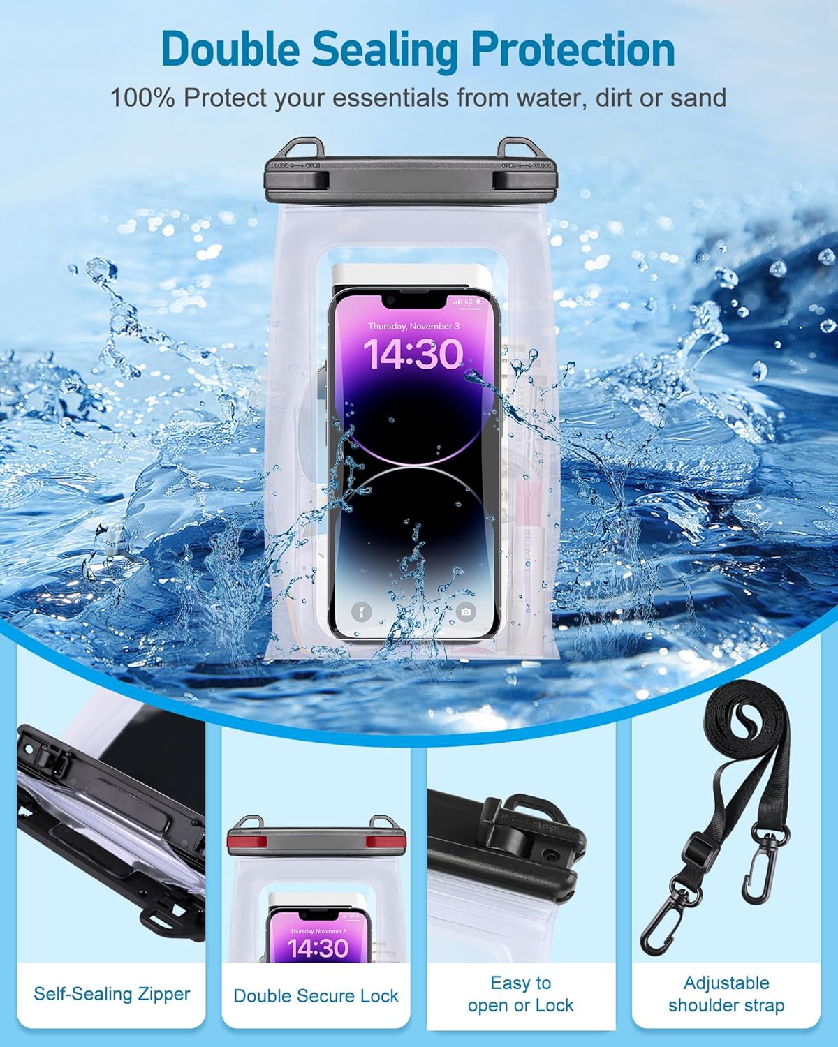 Large Waterproof Phone Pouch Universal Phone Waterproof Case for iPhone 15 14 13 12 Pro Max Galaxy S22 S21 IPX8 Water Proof Dry Bag with Wide Lanyard Large Capacity Waterproof Bag for Swimming