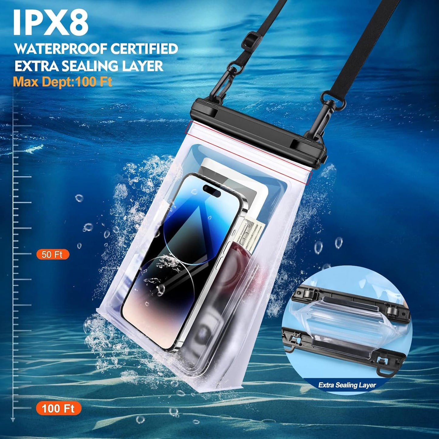 Large Waterproof Phone Pouch [with Sealing Strip], Cell Phone Dry Bag for iPhone 16 15 14 13 Pro Max Galaxy S25 S24 S23 S22 All Devices, Floating Water Proof Bag for Beach Water Park White