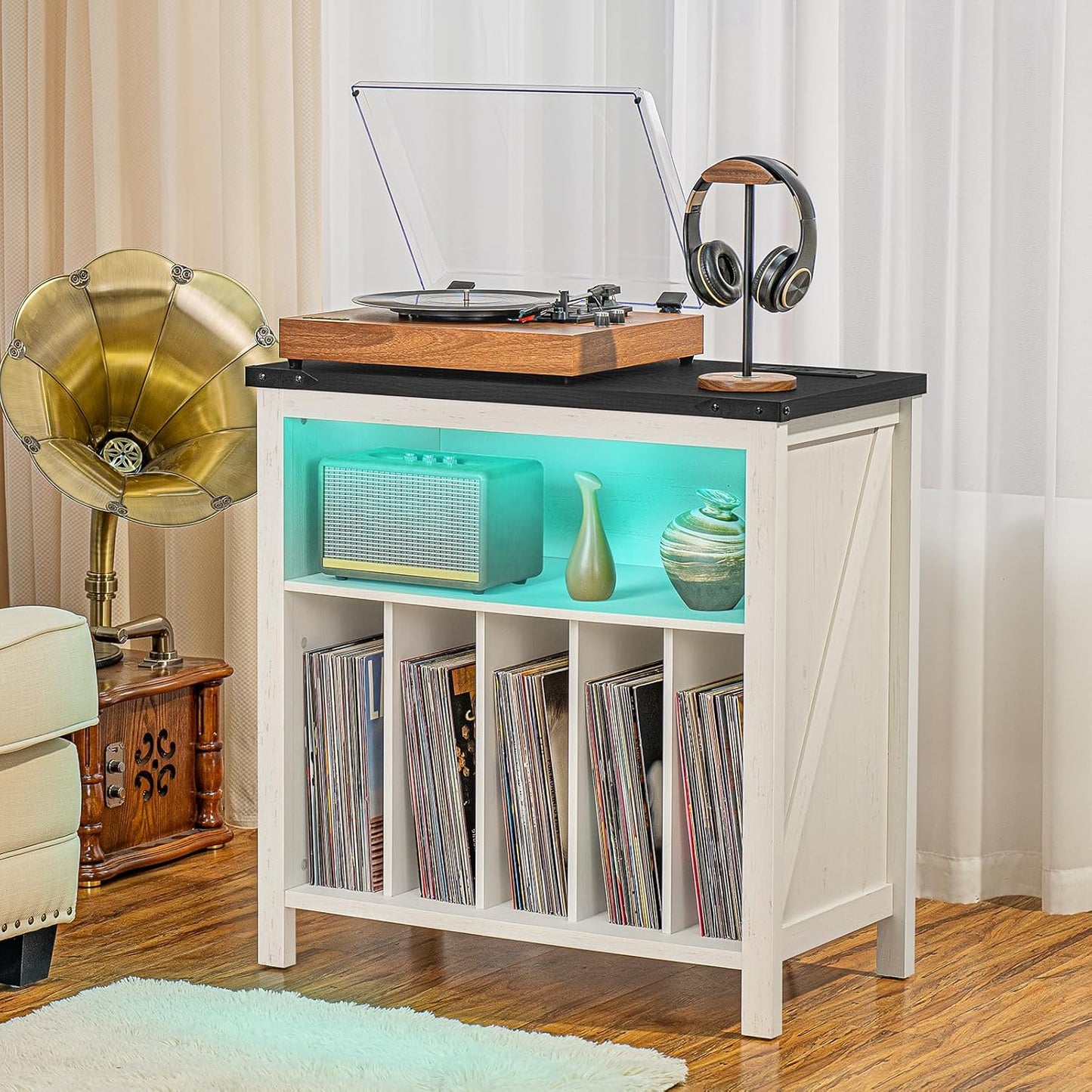 Large Record Player Stand with Charging Station & LED Lights, Vinyl Records Storage Holder Cabinet Holds up to 230 Albums, Turntable Stand for Music Room, Bedroom, Living Room, Office (White)