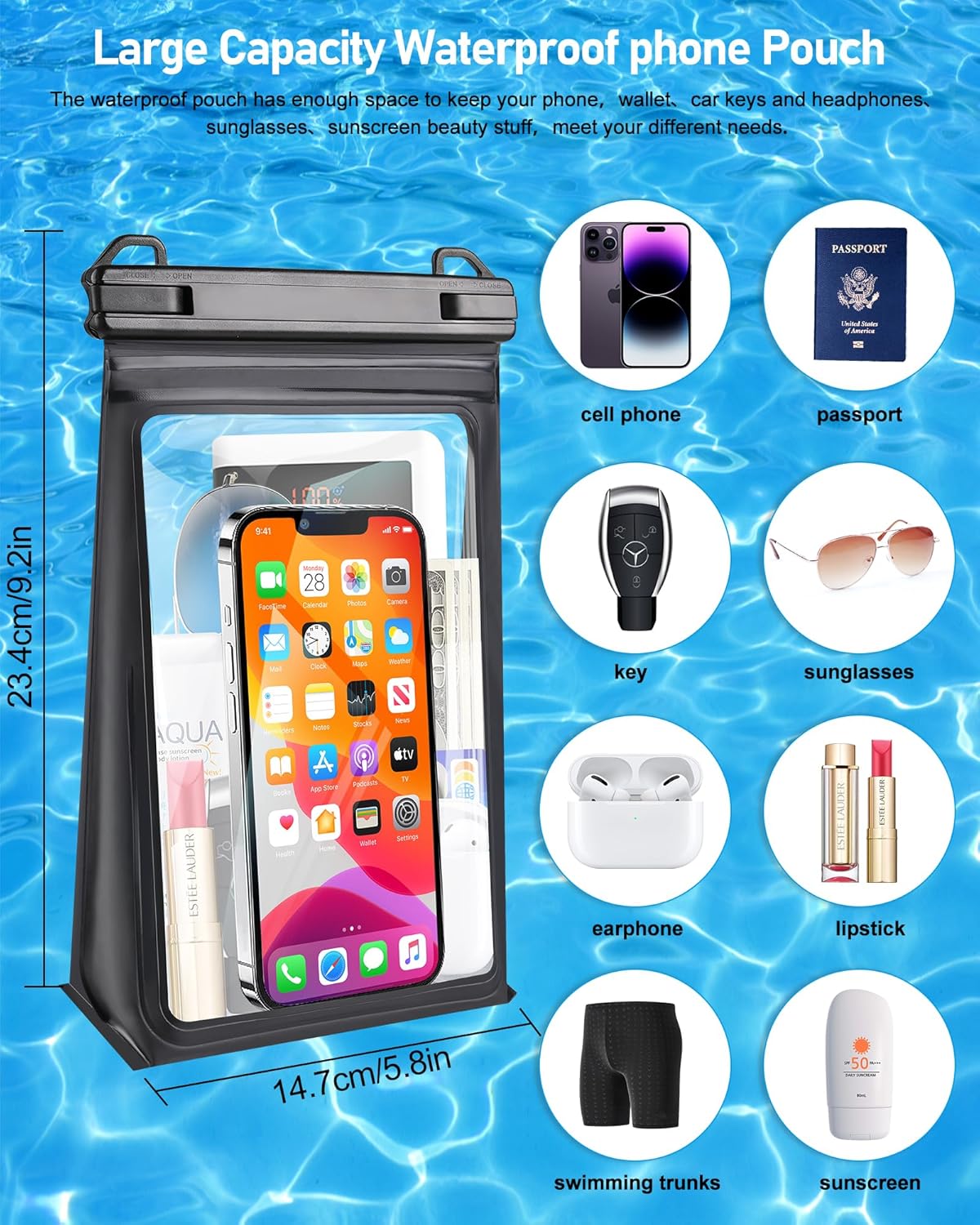 Large Waterproof Phone Pouch, Floating Dry Bag for iPhone 14 13 12 11 Pro Max Galaxy S22 S21 Large Capacity Waterproof Bag Sunscreen Glasses Storage Universal Dry Pouch for Swimming Rafting Boating