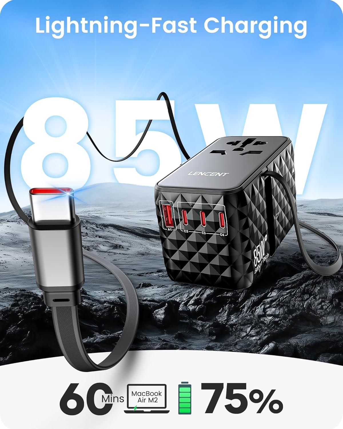 LENCENT 85W Universal Travel Power Adapter with Retractable USB C Cable, GaN International Travel Adapter with 1 USB-A & 3 Type C Fast Charging, Worldwide Plug Adaptor for US to EU UK Type C/G/A/I