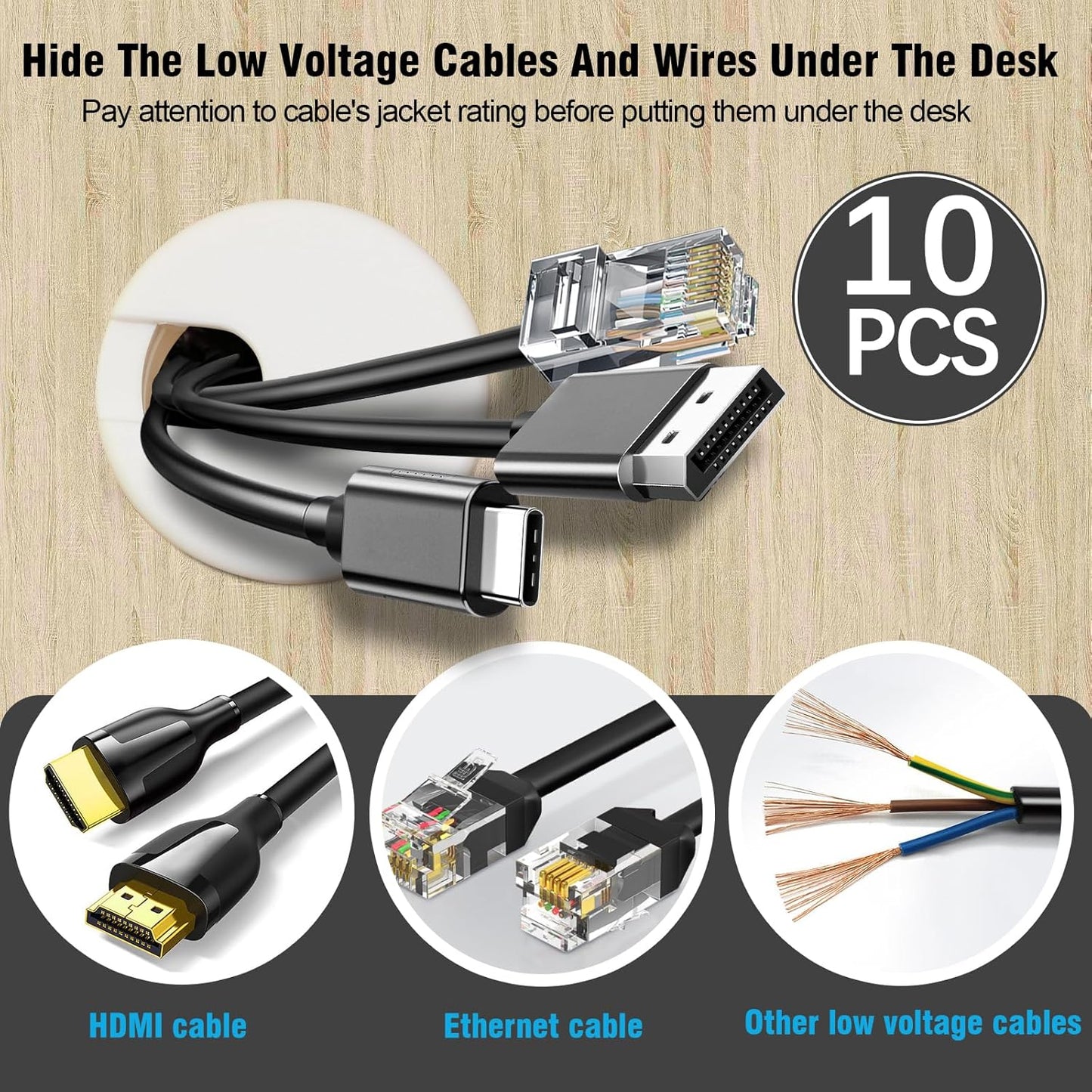 1-1/2" White Desk Grommet, JTemgle Plastic Cable Hole Cover Computer Table Cord Wire Organizer Caps Desktop Cord Management for Home Office TV Stands Tabletops, 10 Pieces