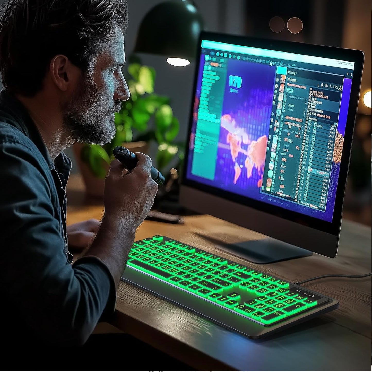 Large Print Keyboard - 7 Interchangeable Backlight Colors, Light Up USB Wired Computer Keyboards, USB Plug-and-Play, Foldable Stands, Corded Full Size Keyboard for Windows, PC, Laptop