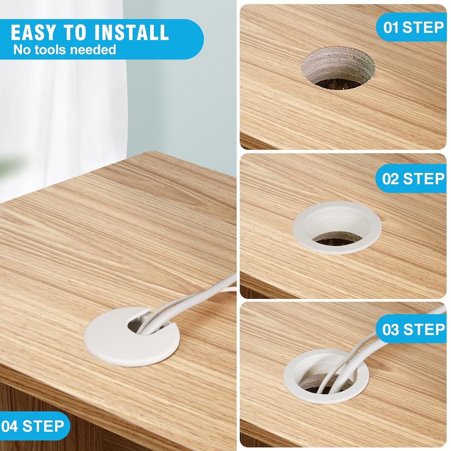 1-3/8" White Desk Grommet, JTemgle Plastic Cable Hole Cover Computer Table Cord Wire Organizer Caps Desktop Cord Management for Home Office TV Stands Tabletops, 2 Pieces